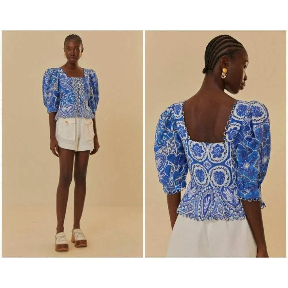 💕FARM RIO💕 Blue Tile Dream Short Sleeve Blouse ~ Floral Large L NWT *DAMAGED*